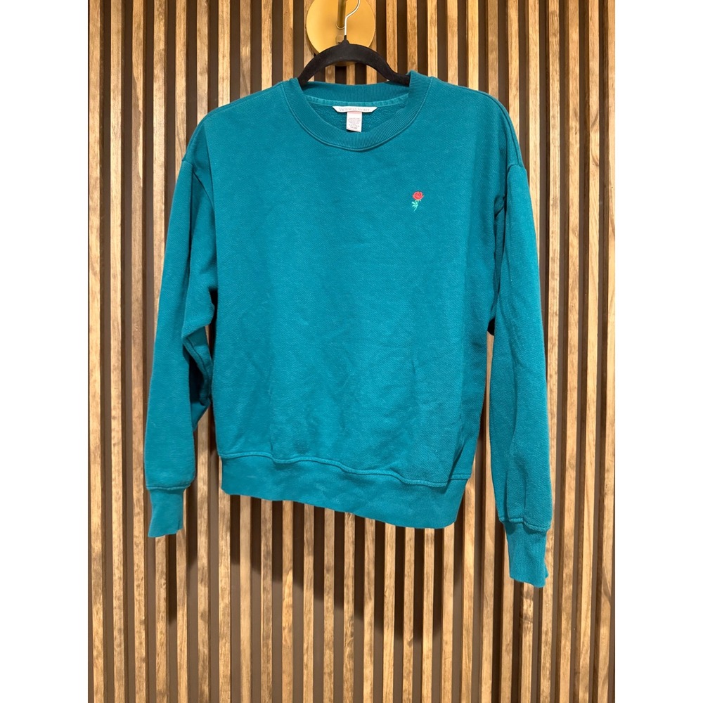 Victoria's Secret Teal Green Crewneck Sweatshirt Rose Embroidered Small‎